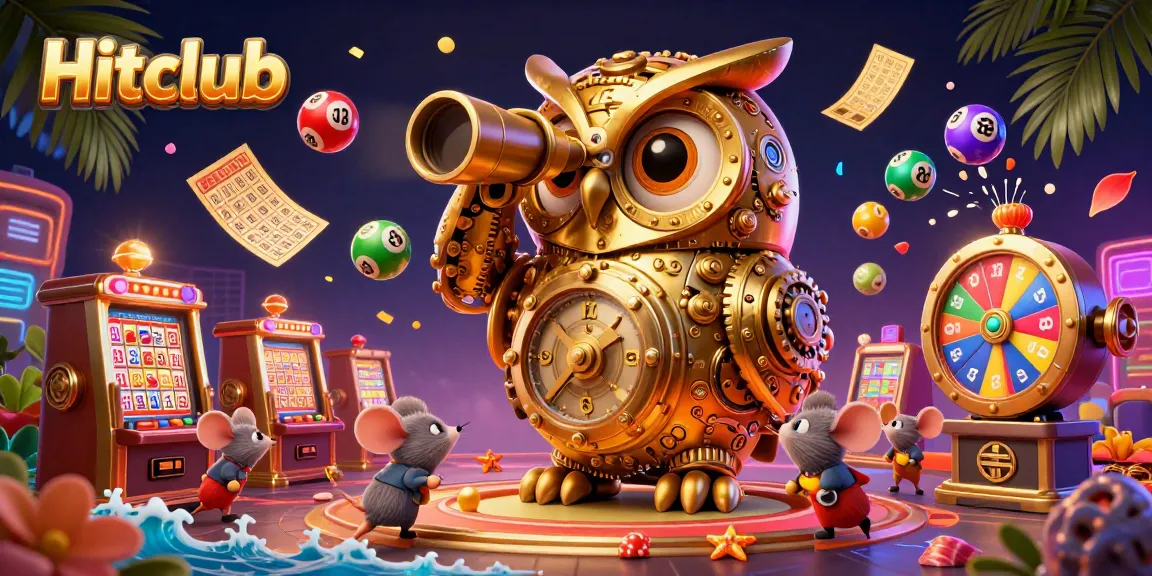 Hitclub showcases lively casino activities with a golden owl and wind-up mice amidst vibrant gaming elements.