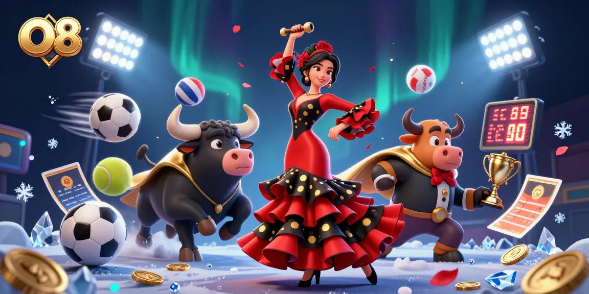 Bet on O8 and experience thrilling gaming with a stunning graphic of a flamenco dancer, bull, and sports elements.