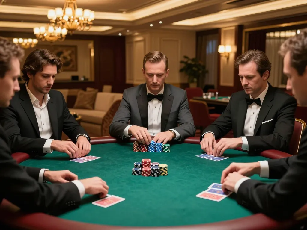 The captivating atmosphere of casino 98win's exclusive poker game, showcasing players' focused strategies.