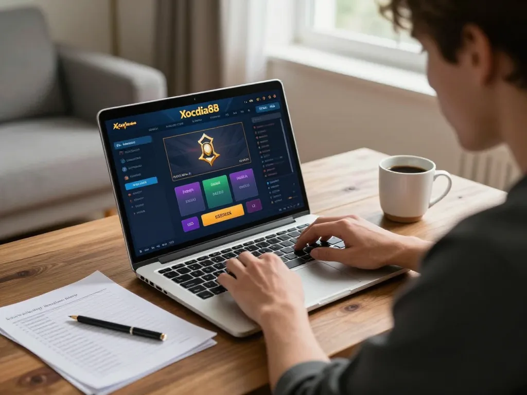 Xocdia88 player focused on online gaming strategy with notes and laptop in a cozy home setting