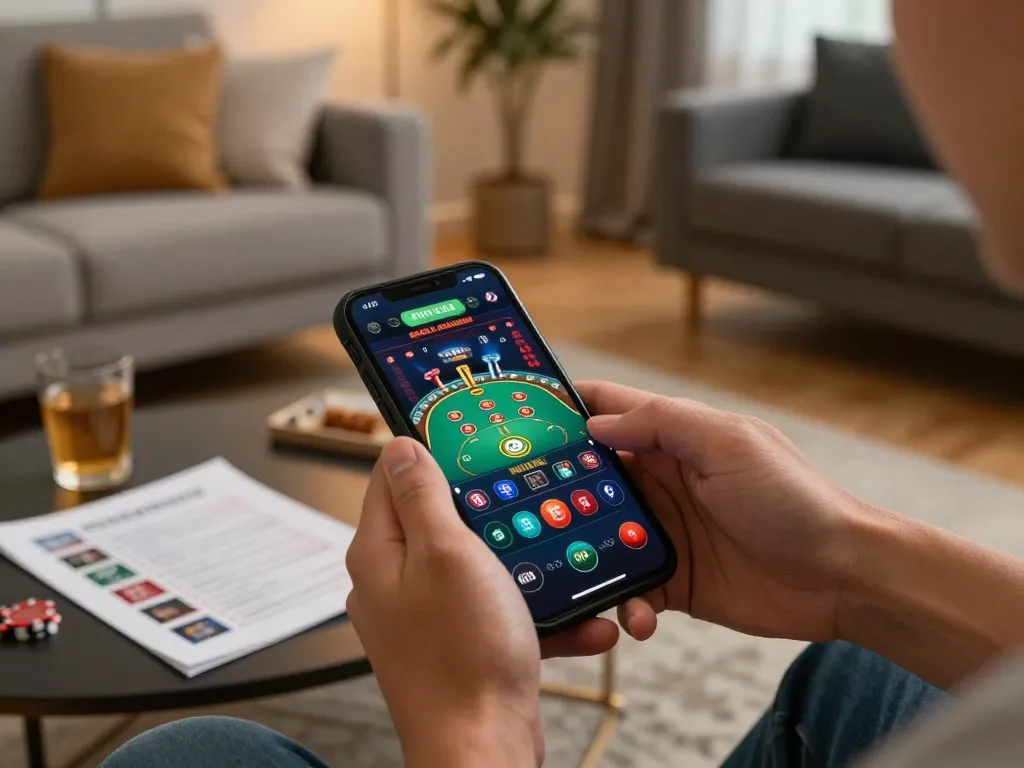 Player engaging with nhà cái 23WIN app in a cozy home setup, showcasing responsible gaming strategies