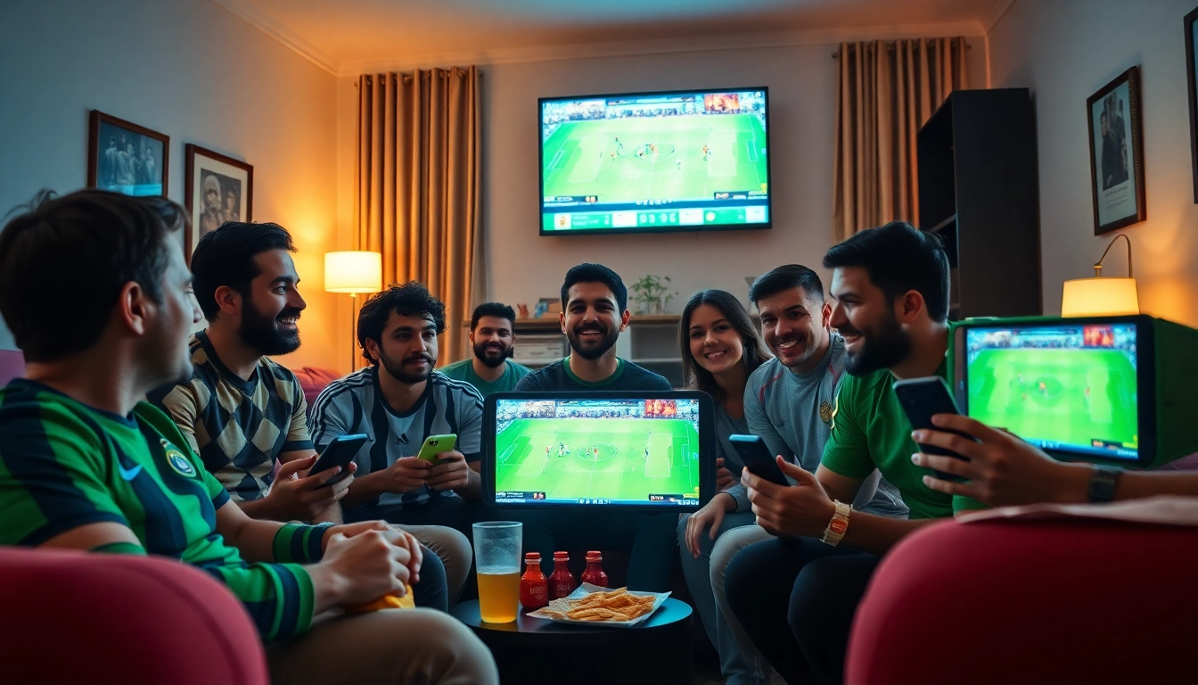 Fans enjoying live soccer streaming from https://socolive.spot/ in an energetic atmosphere with digital devices.