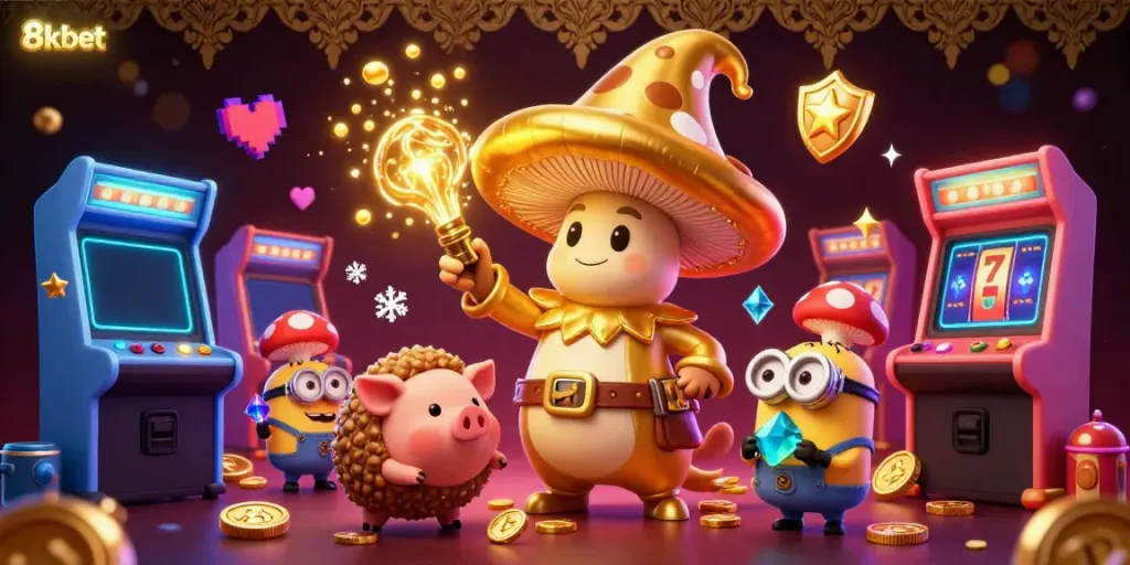 Spin and win with 8xbet in this vibrant 3D casino illustration full of magic!