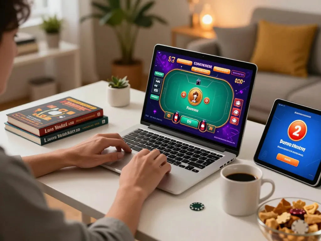 Alo8 center user engaged in online poker strategy while gaming from a cozy home office.