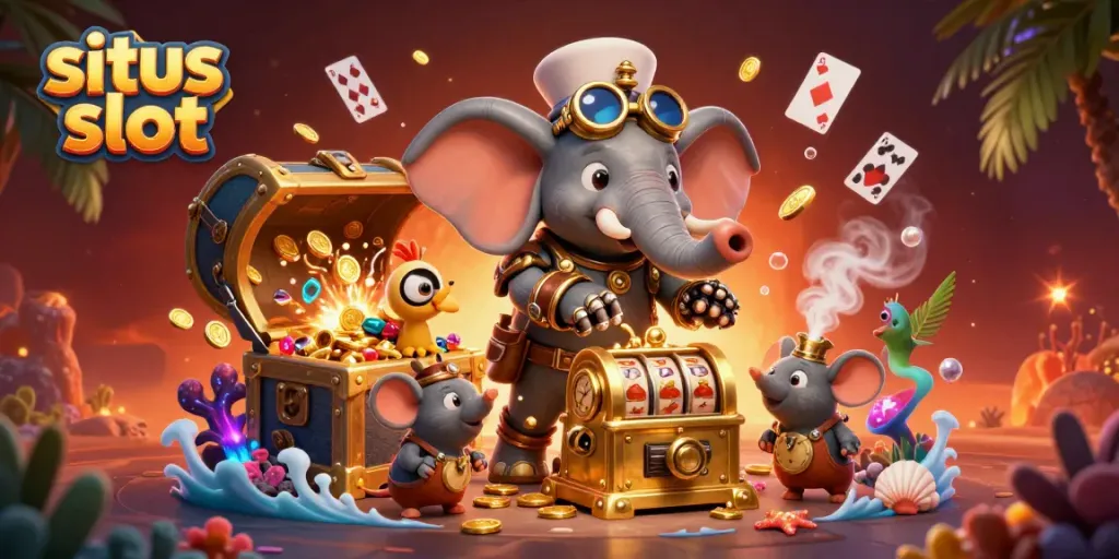 Experience thrilling wins at situs slot with vibrant 3D illustration featuring unique cartoon characters and casino elements.