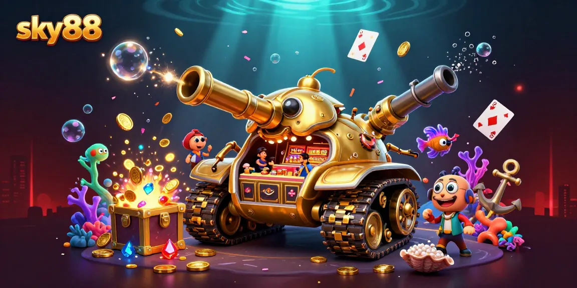 Experience thrilling gameplay at sky88 with a golden beetle tank revealing a casino interior amidst vibrant underwater treasures.