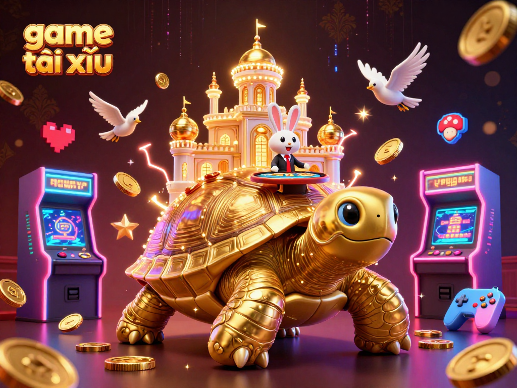 Engage in game tài xỉu at a vibrant casino with a golden tortoise and lively rabbit dealer amid glowing arcade elements.