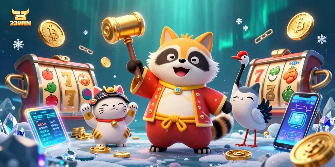 Experience winning spins at 33WIN with vibrant characters and exciting slots in a colorful 3D illustration.