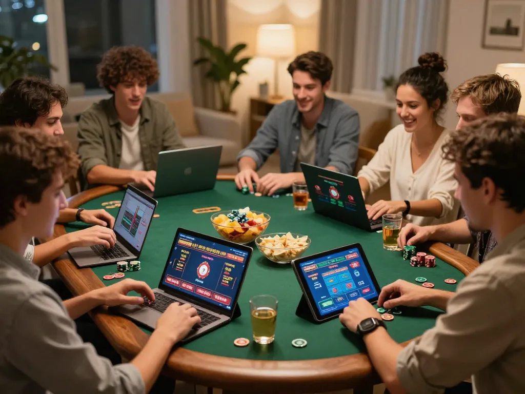 Players enjoying an online poker game on SC88 with laptops and tablets in a cozy home setting, emphasizing social interaction and entertainment.