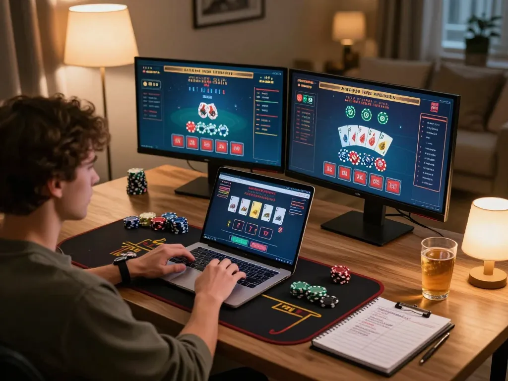 Player immersed in rr88me online blackjack, enjoying a comfortable gaming setup at home.