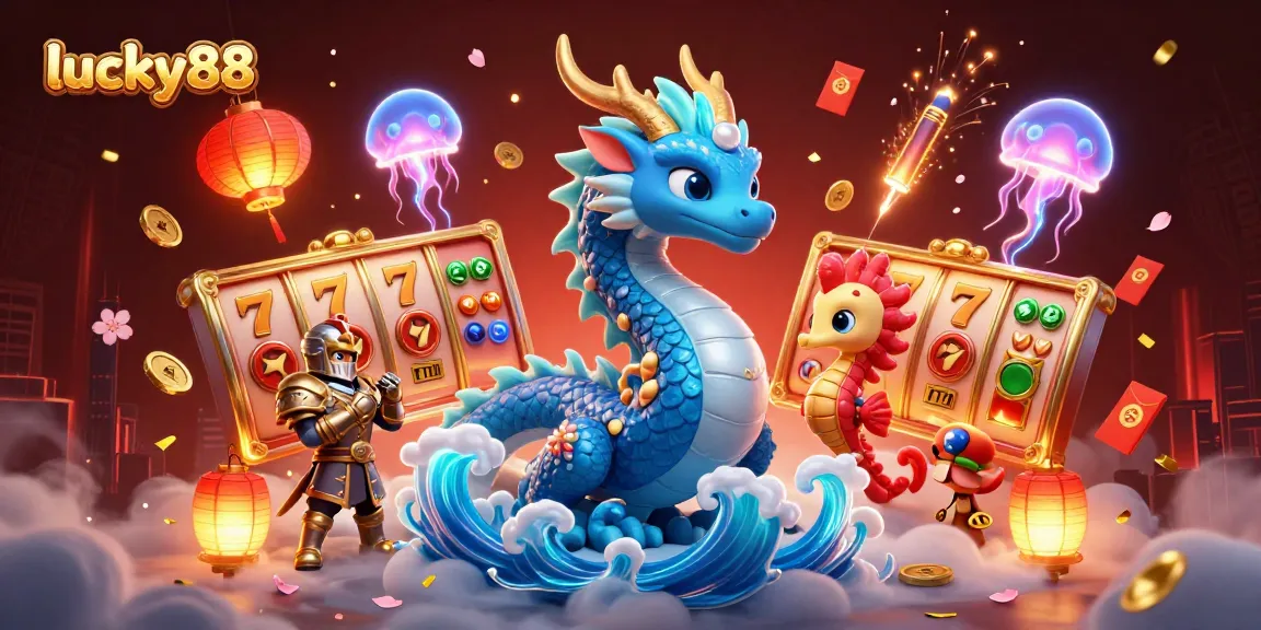 Experience the excitement of lucky88 with this vibrant 3D illustration showcasing a dragon and seahorse amidst casino elements.