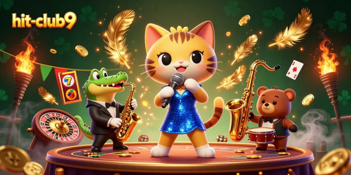 Experience the thrill at hit-club9 with vibrant characters and dynamic casino elements in a lively illustration.
