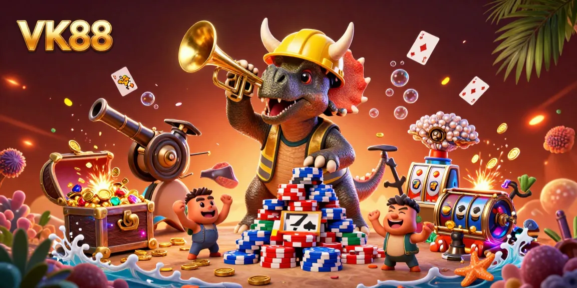 Engage in thrilling gameplay with VK88 at the center of a vibrant casino scene featuring colorful poker chips and slot reels.