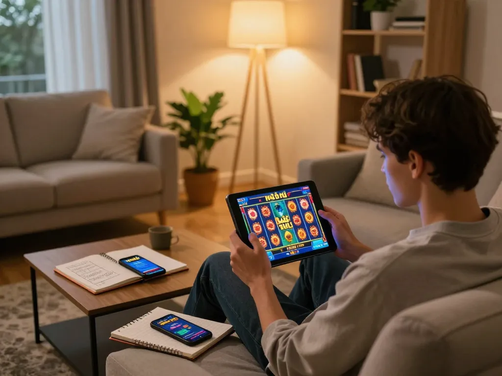 Engaged player enjoying nổ hũ slot game on a tablet in a cozy home setting.