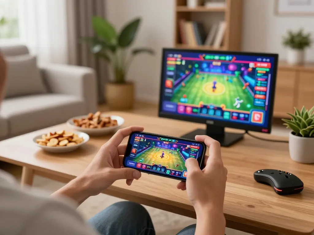 Player enjoying hit-club mobile casino gaming on smartphone in cozy living room setting.