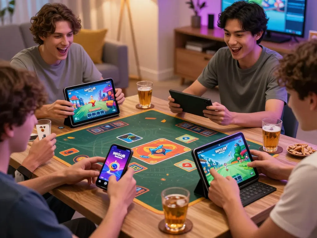 Hitclub online gaming scene with players enjoying vibrant card games on digital devices in cozy home setting.