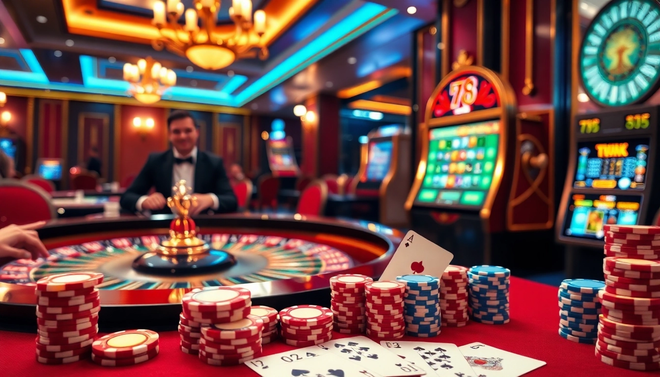 Experience the excitement of 78Win with poker chips and a roulette table in a luxurious casino setting.