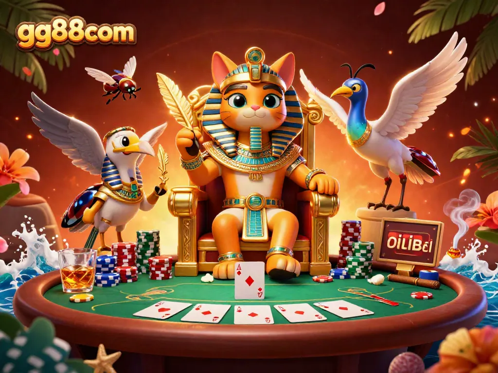 Engage in thrilling poker action with gg88com; pharaoh cat and scribe create a lively casino atmosphere.