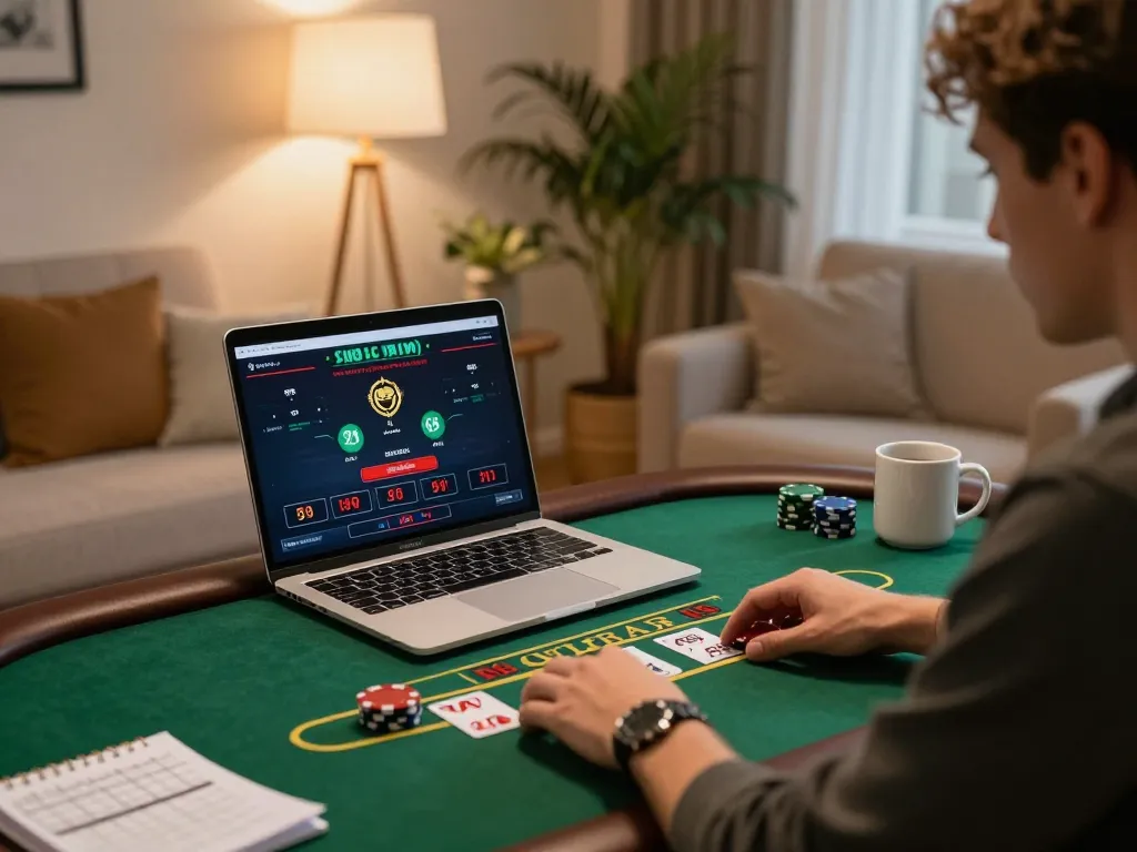 Player enjoying Red88 casino live blackjack, laptop showing game interface in cozy home setting