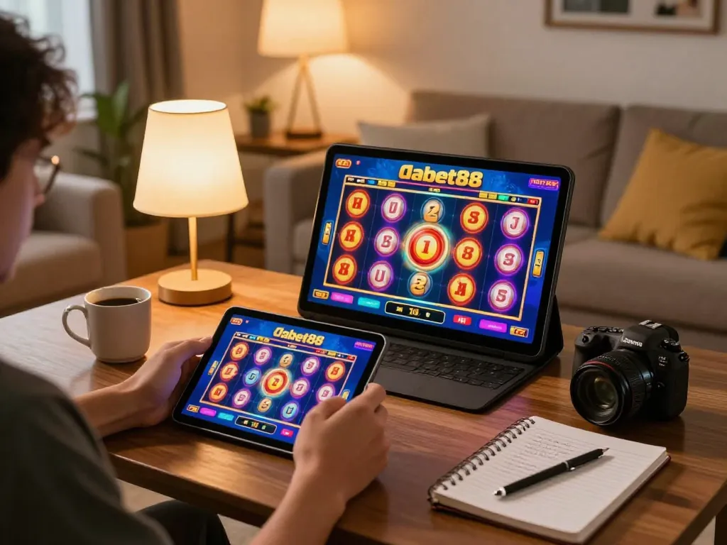 dabet88 online gaming sessions in a cozy living room with vibrant slot game display.