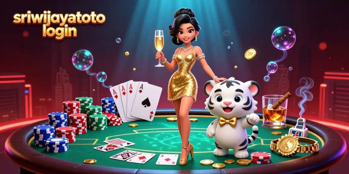 Sriwijayatoto login visualizes a glamorous casino scene with a stylish woman and a cartoon tiger, showcasing poker elements.