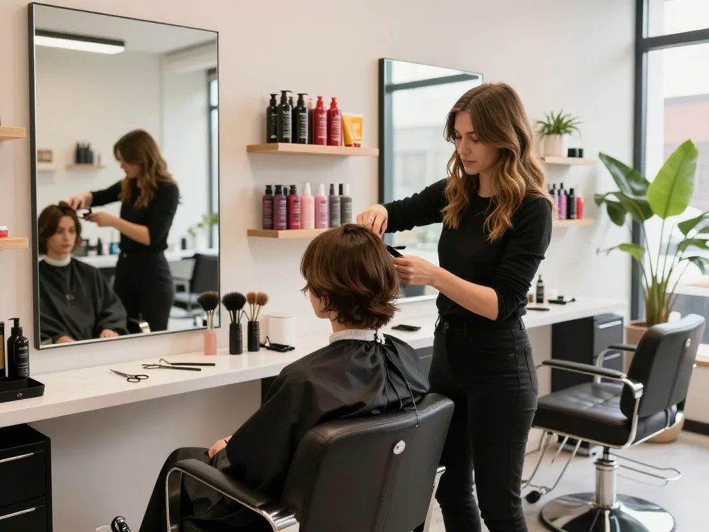Stijlvolle dameskapper salon scène met hairstylist en moderne decoratie