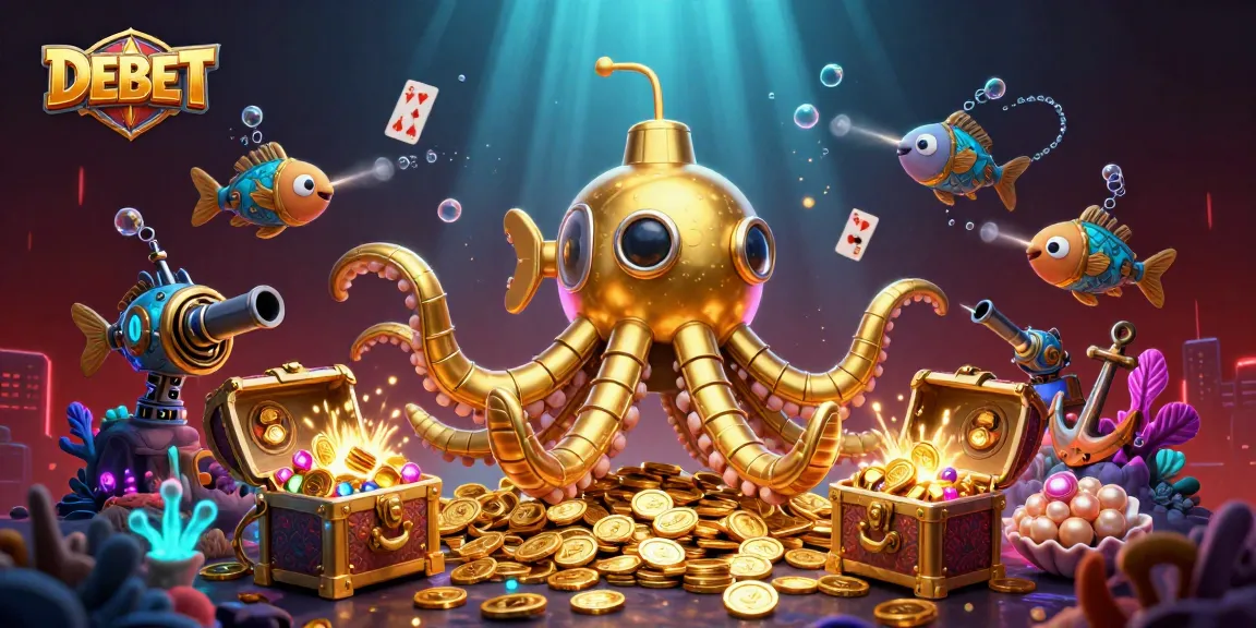 Engage with DEBET's vibrant casino experience featuring a golden kraken amidst floating cards and treasure.