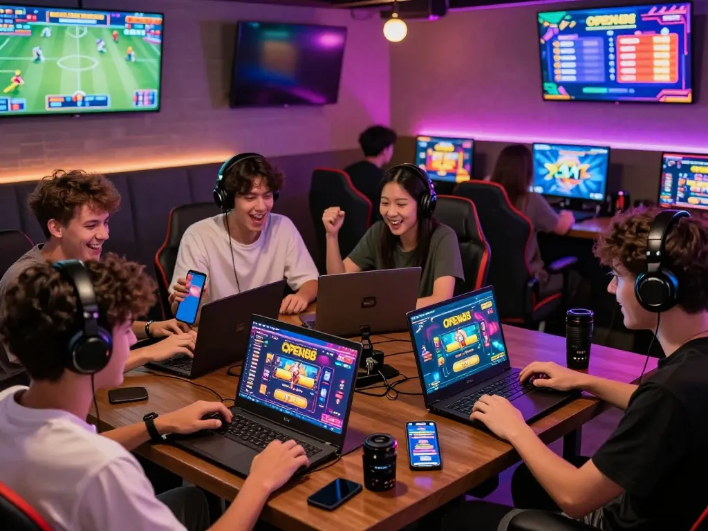 Players enjoying online gaming at OPEN88 in a vibrant lounge, showcasing sports betting and casino games.