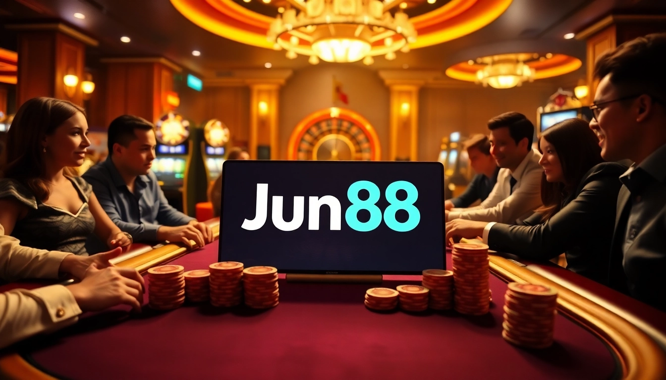 Exciting poker game at Jun88 casino showcasing vibrant atmosphere and luxury.