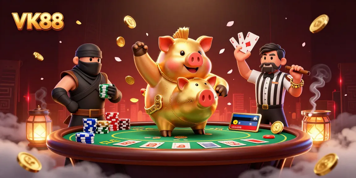 Engage with VK88 at a dynamic casino scene featuring vibrant characters and interactive gambling elements.