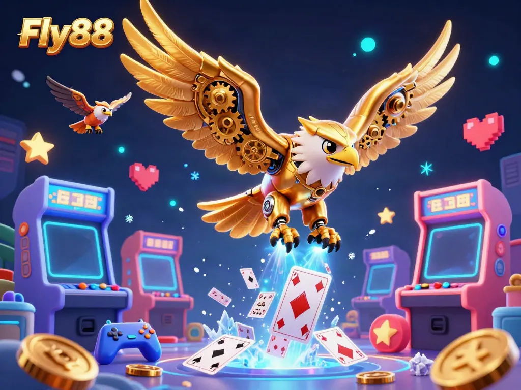 Engage with Fly88's vibrant gaming universe featuring a cybernetic golden eagle amid a cascade of holographic cards.