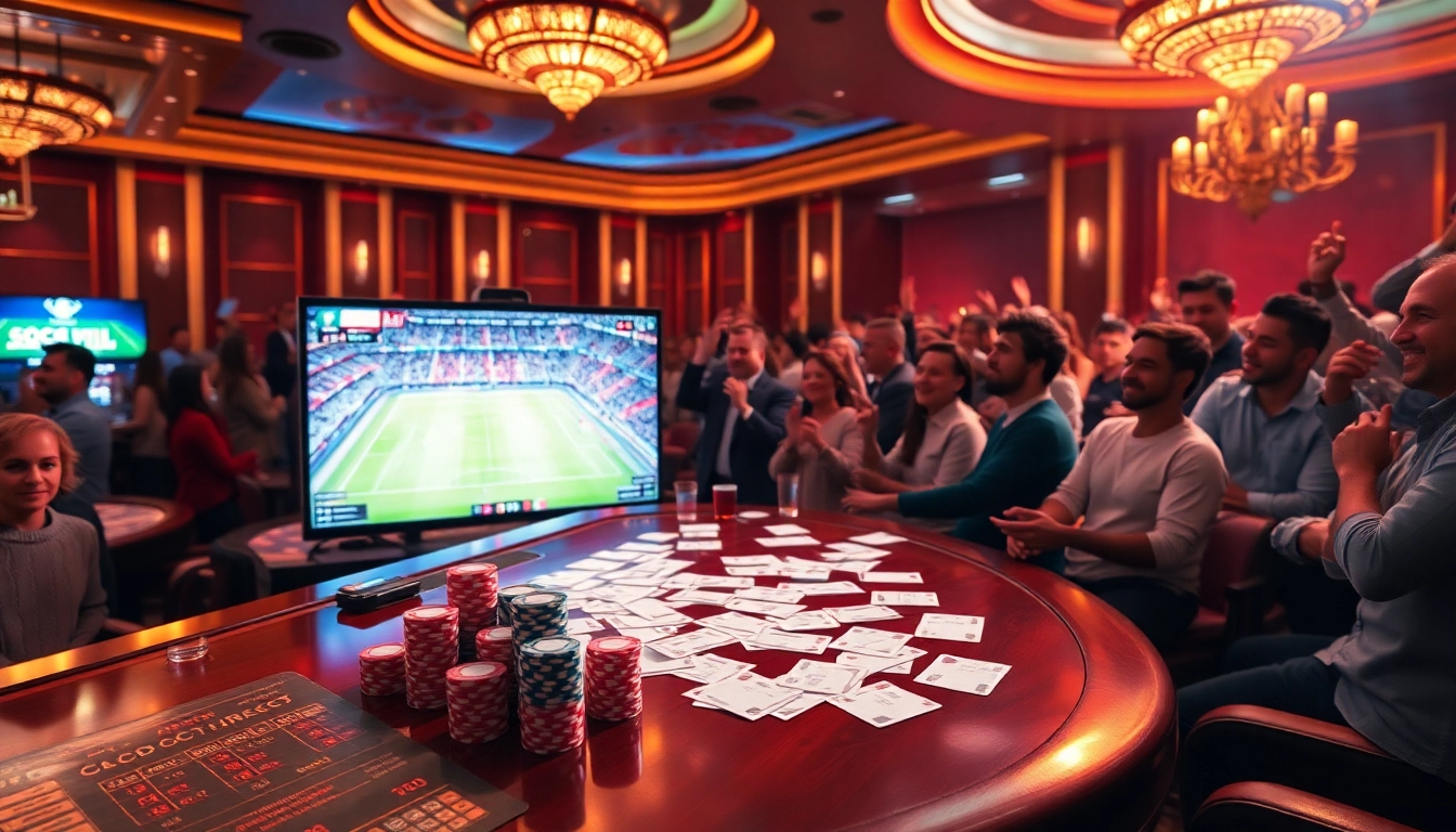 Socolive TV streaming live soccer, featuring excited gamblers at a casino table with betting slips