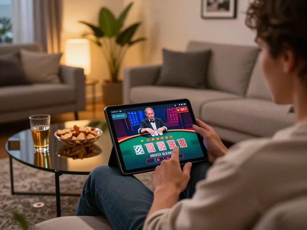 Dabet player enjoying live dealer blackjack on a tablet in a cozy living room.