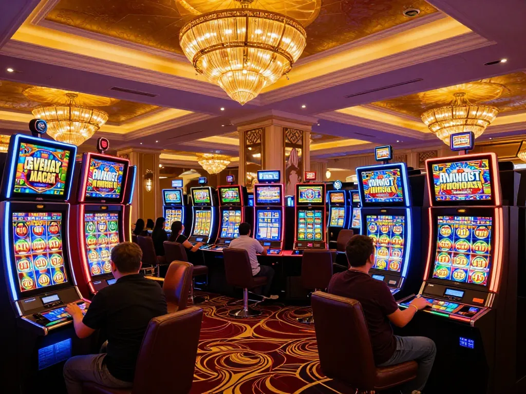 ku bet players engaging with vibrant slot machines in an upscale casino environment