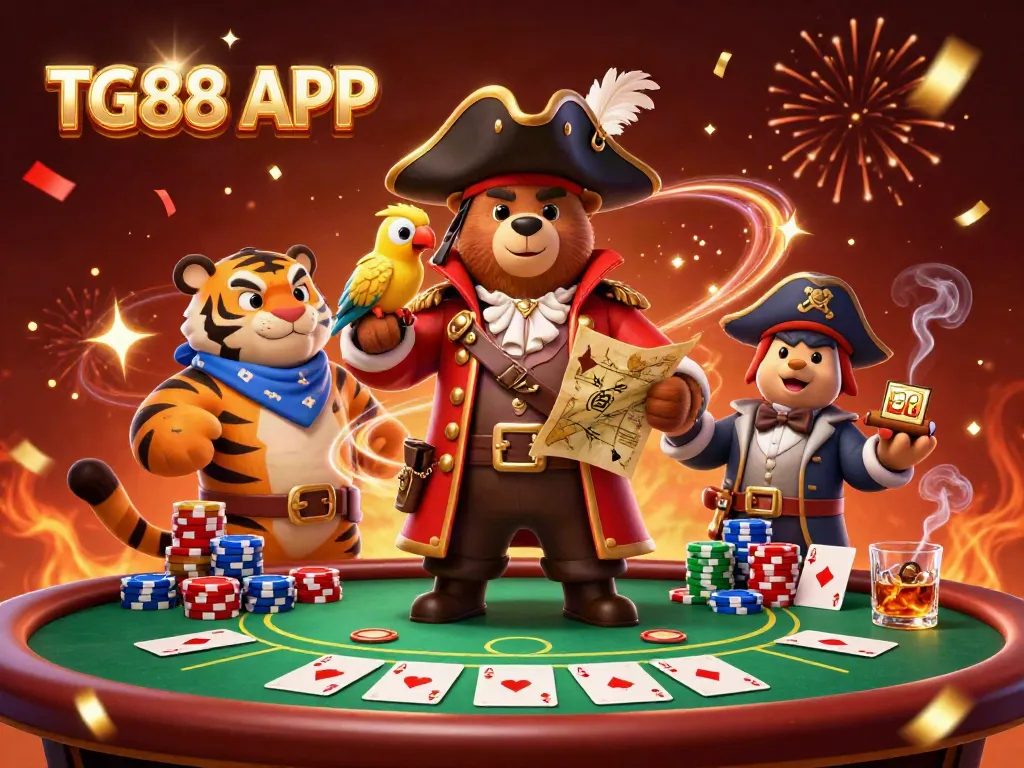 Experience the excitement of the TG88 APP with a vibrant casino scene featuring a pirate bear and tiger.