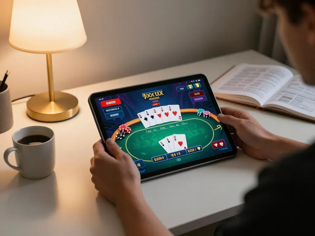Player engaged in online vnloto poker game using a tablet, cozy home atmosphere with strategy notes