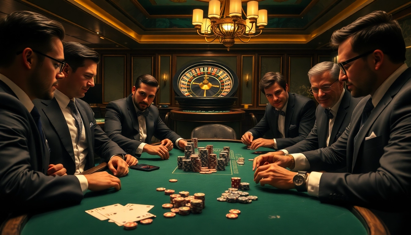 Men engaging in high-stakes poker at a luxurious casino man club.