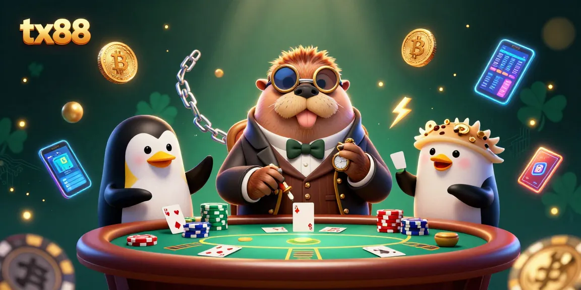 Experience thrilling poker at tx88 with a jolly walrus and sophisticated dealer in a vibrant underwater casino.