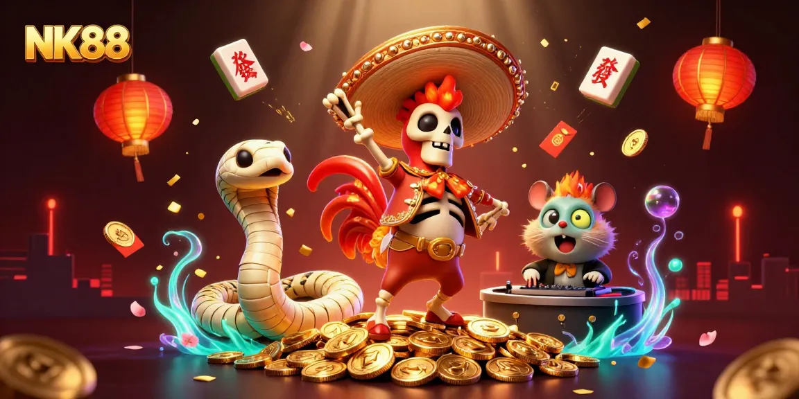 Experience thrilling gameplay with NK88 in a vibrant 3D casino scene packed with action.