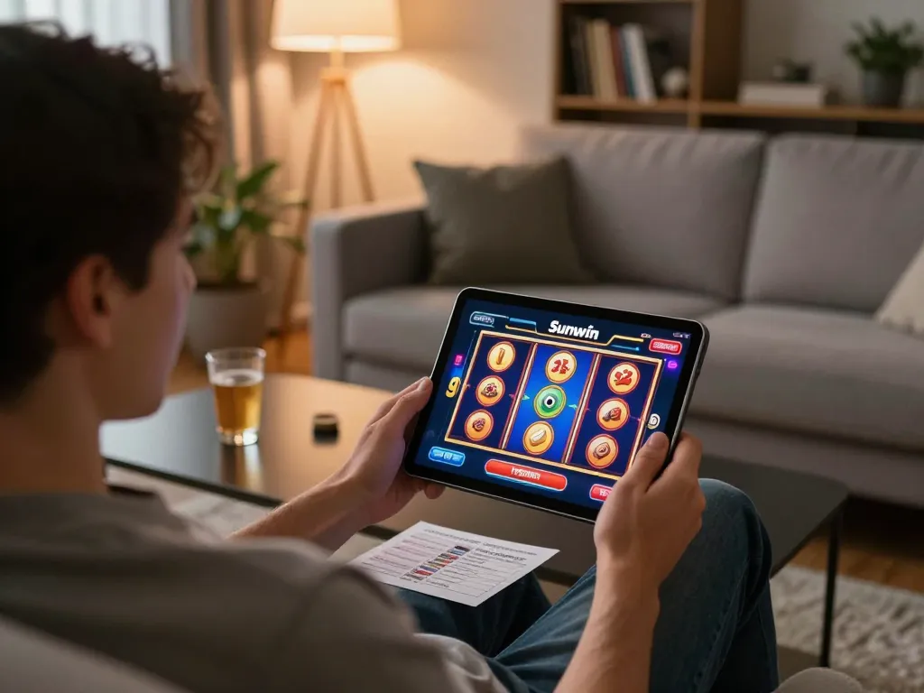 Engaging in online gambling with Sunwin on a tablet in a cozy home setting