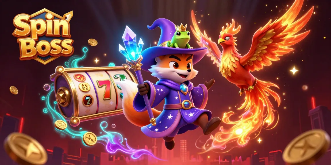 Experience the magic at Spin Boss with a dazzling casino illustration showcasing a wizard fox, phoenix, and casino elements.