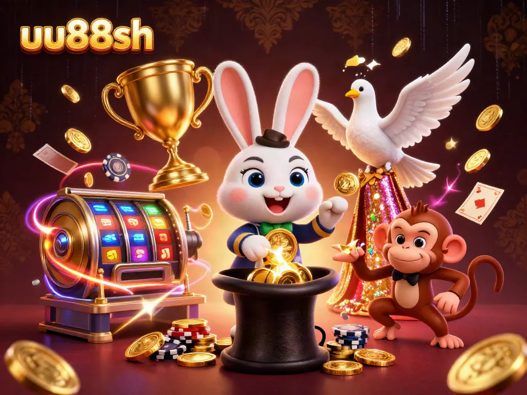 uu88sh showcases a vibrant 3D casino scene with a magician rabbit, golden coins, and poker chips.