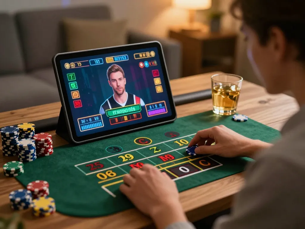 Engaging in a live dealer roulette game online with 5679 tablet and cozy atmosphere.