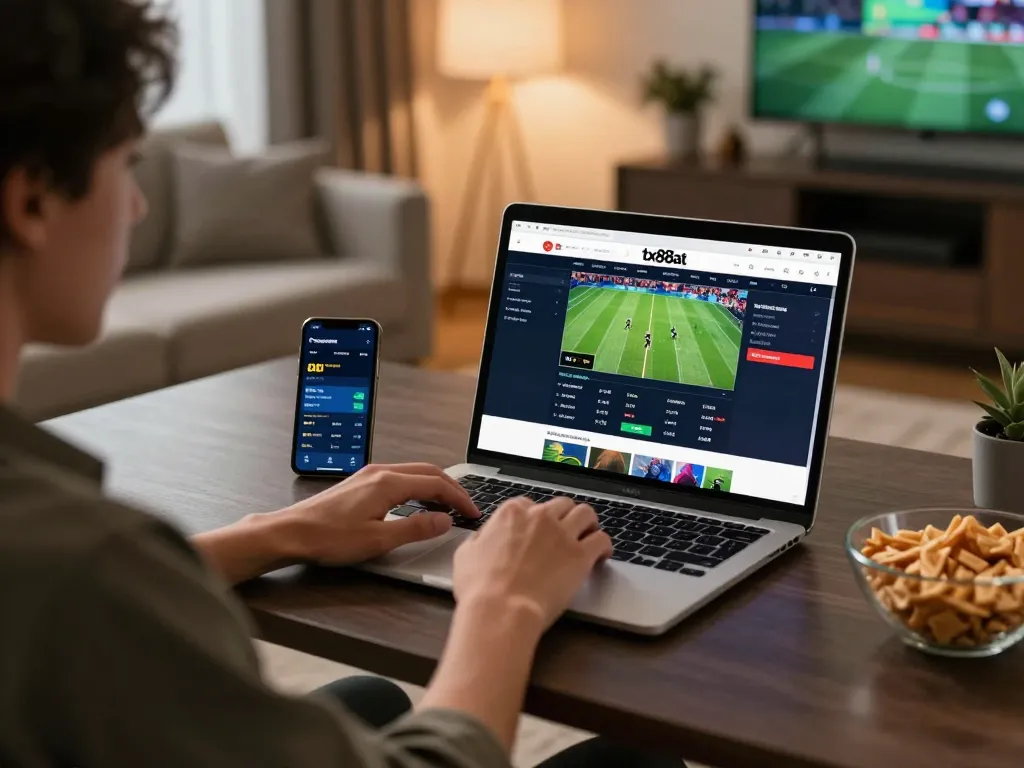 Person placing live bets on tx88at during online sports event in a cozy home study.