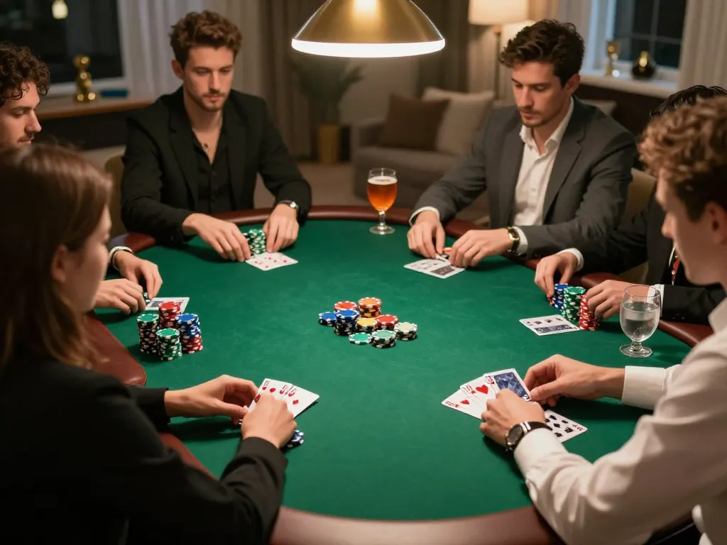 Intense poker gameplay at a high-stakes home game with ku88 cards and chips in play.