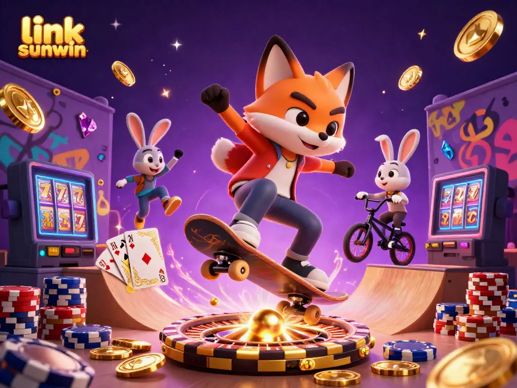 Exciting illustration showcasing "link sunwin", a fox and rabbit engaging in a dynamic casino scene with vibrant gaming elements.
