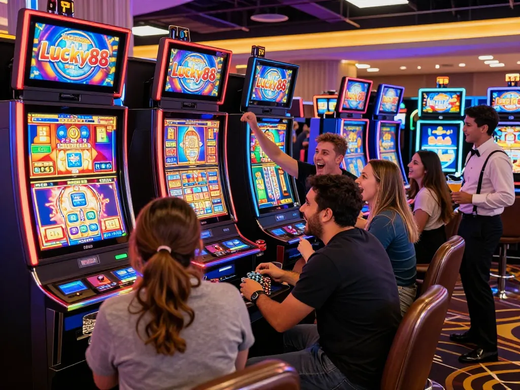 Exciting scene of players engaging with the Lucky88 slot machine in a vibrant casino atmosphere.