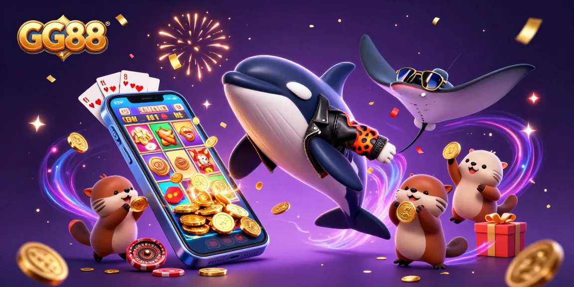 Engaging GG88 Casino scene with characters celebrating and dynamic gambling elements around them.
