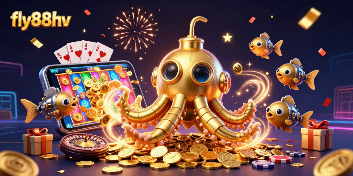 Engage with fly88hv in this vibrant illustration featuring a golden kraken and slot game excitement.
