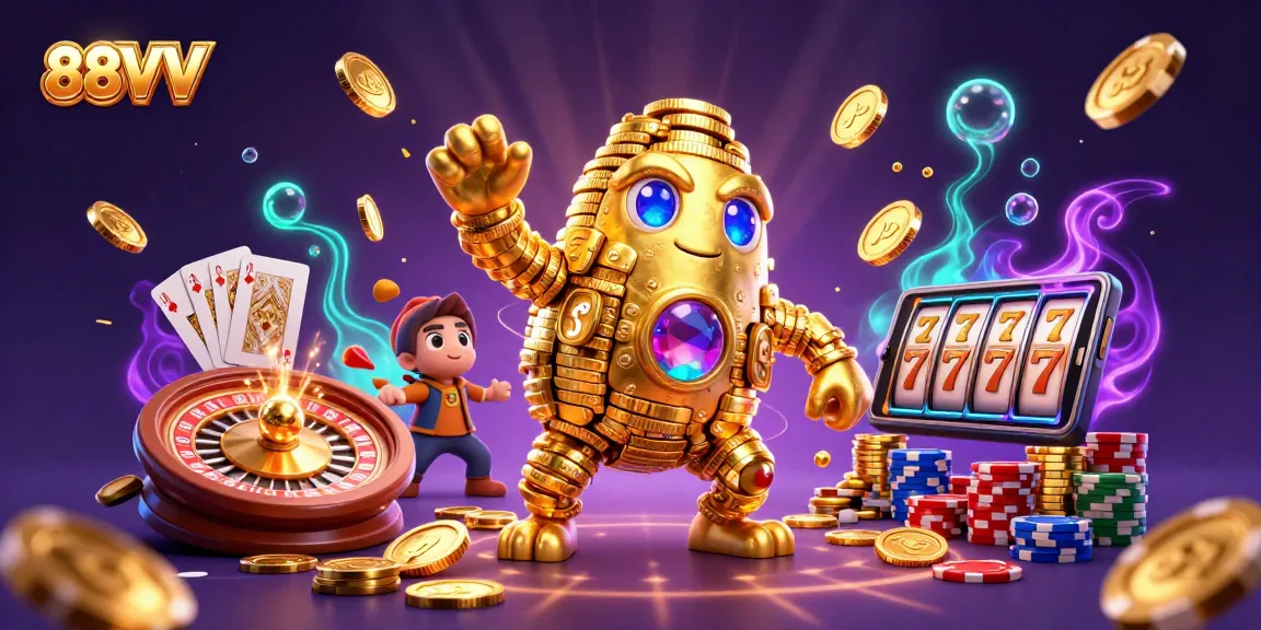 Win big at 88VV with the ancient golden golem, delighting in casino excitement as coins cascade wildly.